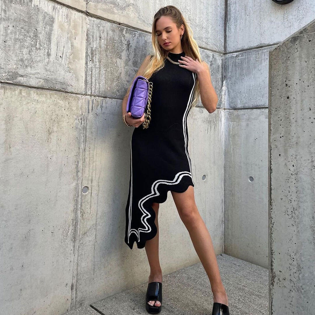 Black High Neck Sleeveless Contrast Trim Asymmetric Hem Sweater Midi Dress