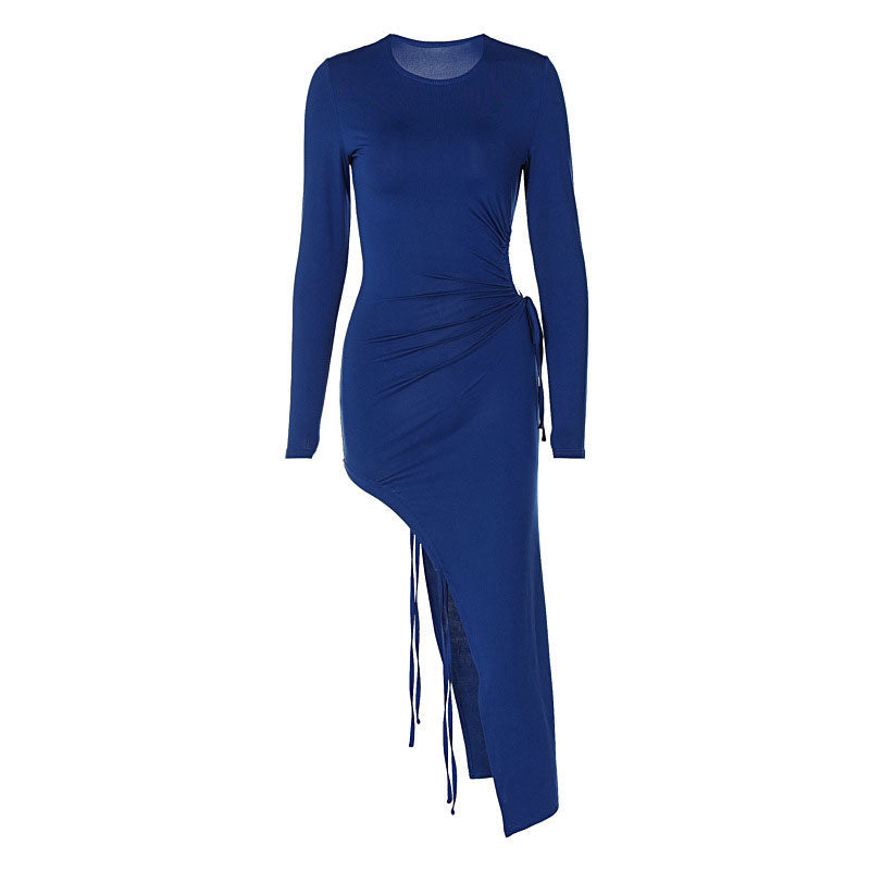 Royal Blue Crew Neck Long Sleeve Cutout Drawstring High Slit Bodycon Maxi Dress