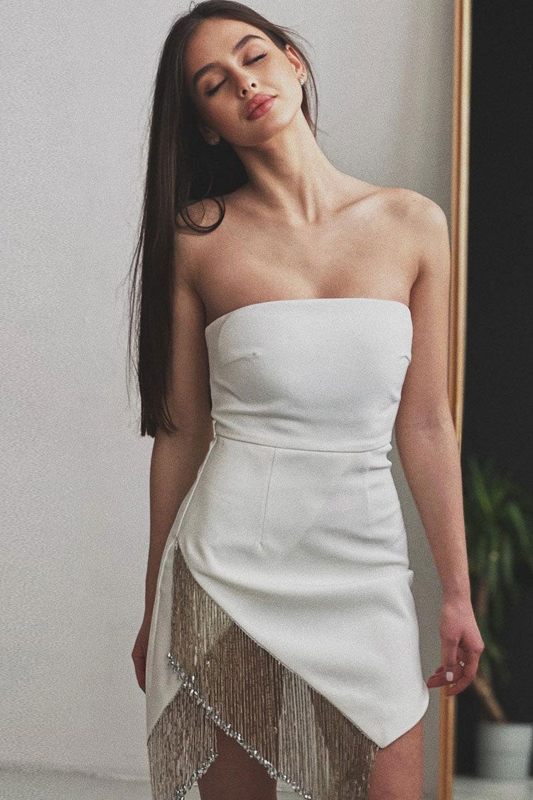 White Strapless Asymmetrical Rhinestone Fringe Trim Bandage Bodycon Mini Dress