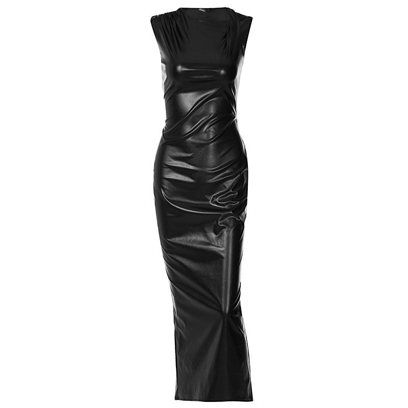 Black Asymmetric Twist Neck Sleeveless Faux Leather Bodycon Maxi Dress