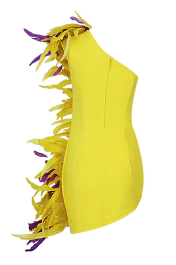 Yellow One Shoulder Feather Trim Bodycon Mini Dress