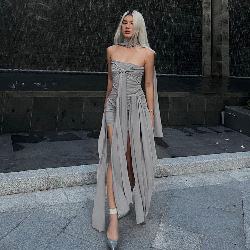 Gray Strapless Ruched Mesh Tie Front Draped Bodycon Mini Dress