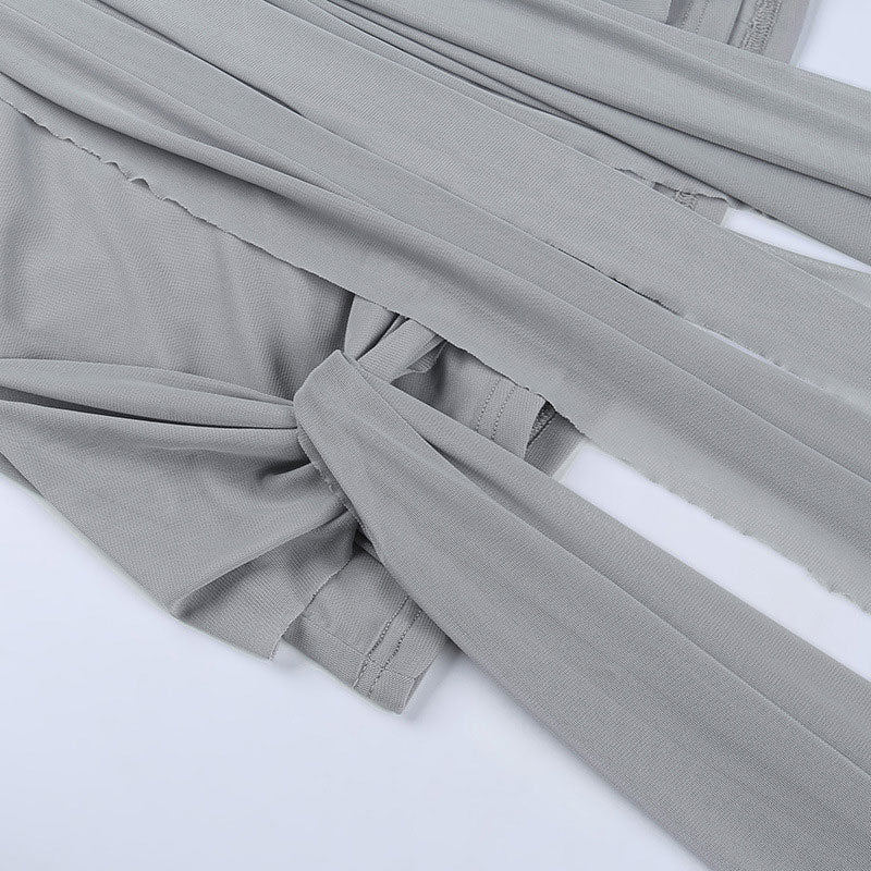 Gray Strapless Ruched Mesh Tie Front Draped Bodycon Mini Dress