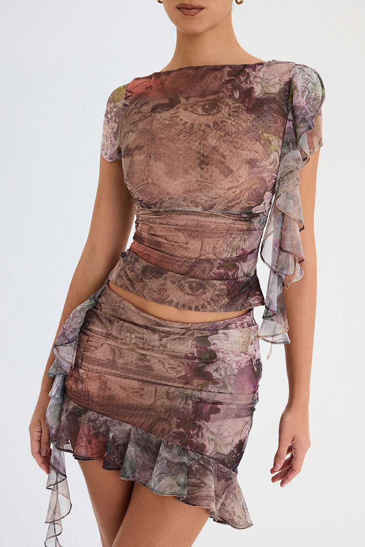 Brown Boat Neck Cap Sleeve Ruffle Trim Ruched Mesh Two Piece Mini Dress
