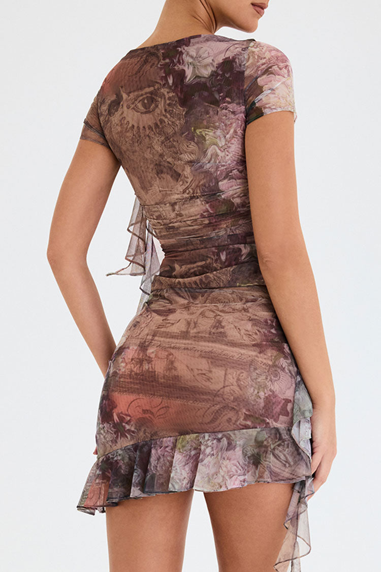Brown Boat Neck Cap Sleeve Ruffle Trim Ruched Mesh Two Piece Mini Dress