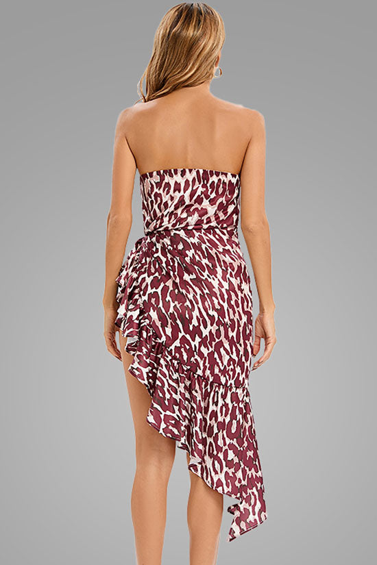 Leopard Strapless Sweetheart Ruffle Asymmetric Wrap High Slit Bodycon Midi Dress
