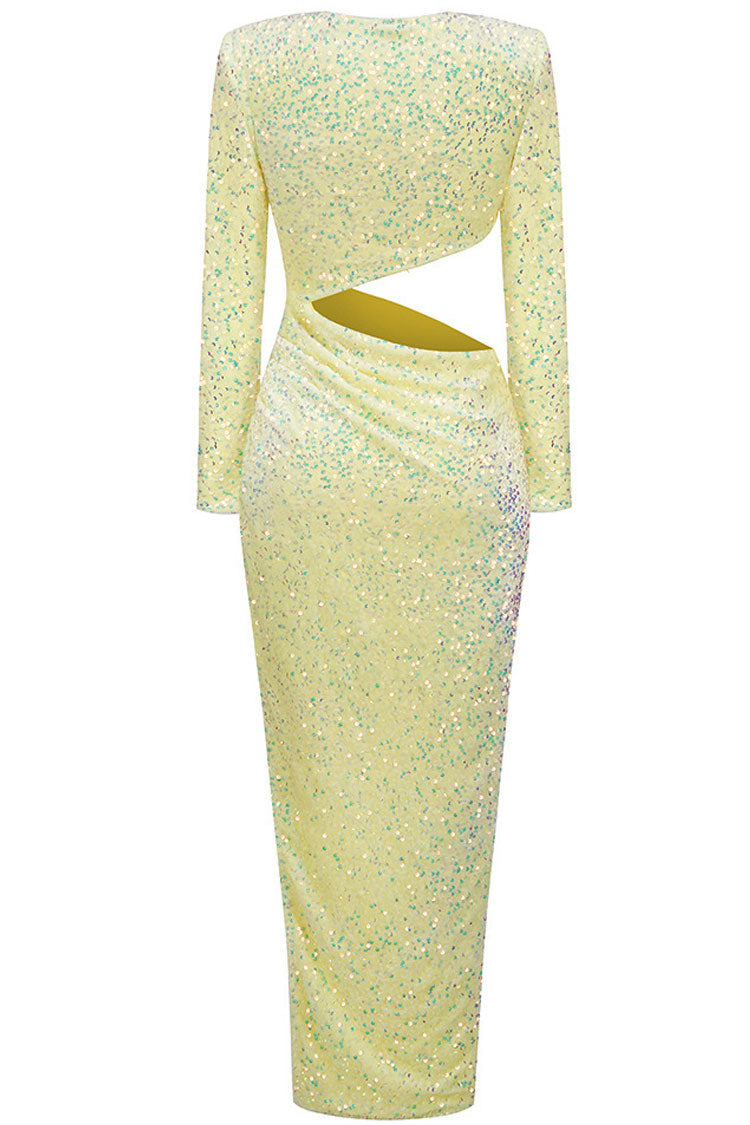 Yellow Round Neck Long Sleeve Sequin Cutout High Slit Bodycon Maxi Dress