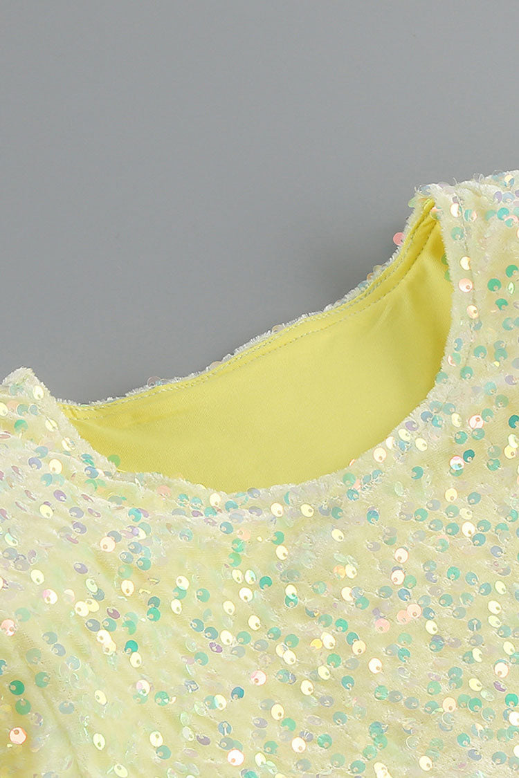 Yellow Round Neck Long Sleeve Sequin Cutout High Slit Bodycon Maxi Dress