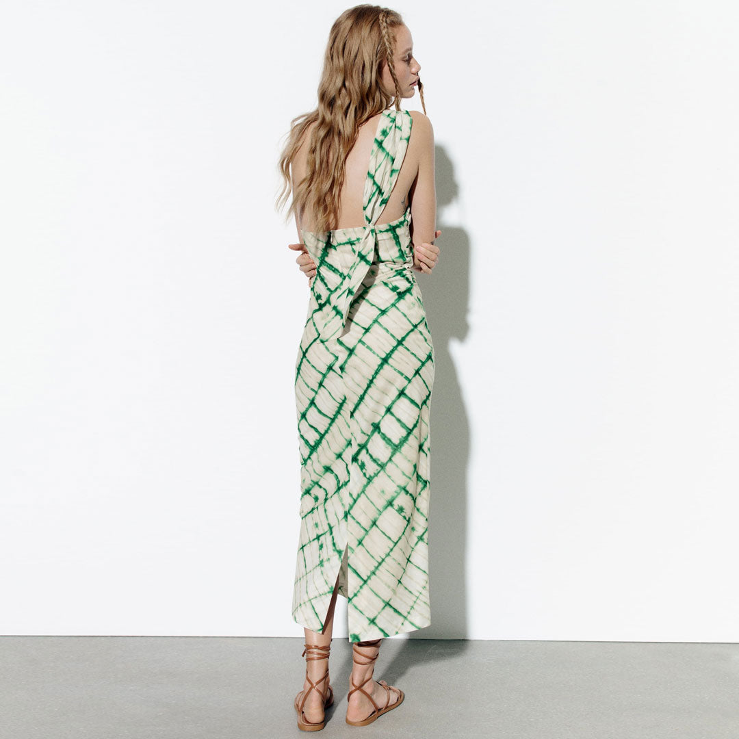 Green One Shoulder Tie Dye Cutout Ruched Bodycon Midi Dress