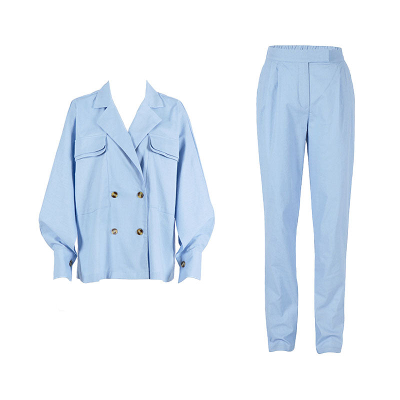 Blue Peak Lapel Long Sleeve Linen Blazer Trouser Matching Set