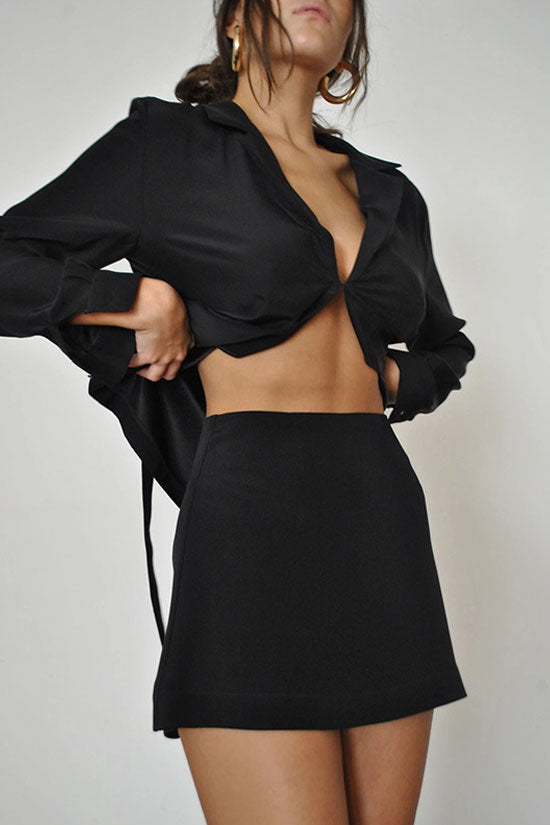 Black Lapel Collar Long Sleeve Satin Two Piece Mini Dress