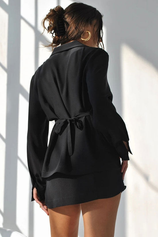 Black Lapel Collar Long Sleeve Satin Two Piece Mini Dress