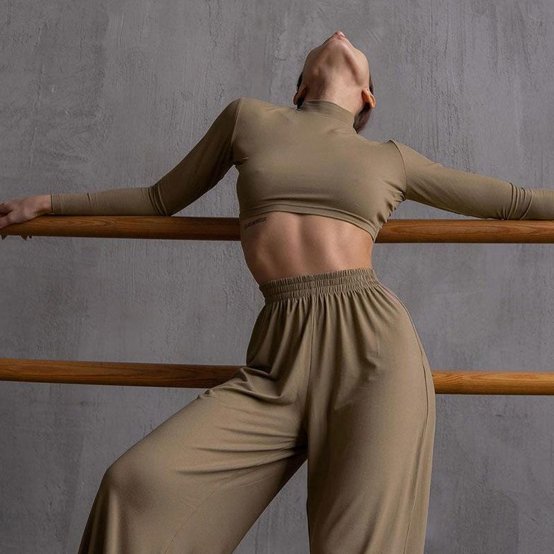 Athleisure Solid Long Sleeve Crop Top Sophisticated Wide Leg Pants Matching Set - Gray S / Khaki