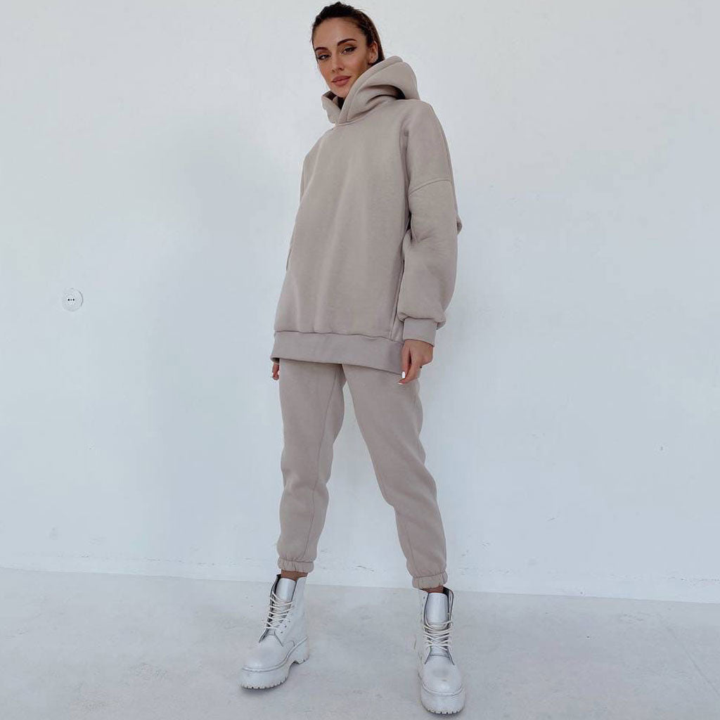 Beige Drop Shoulder Long Sleeve Hoodie Jogger Matching Set