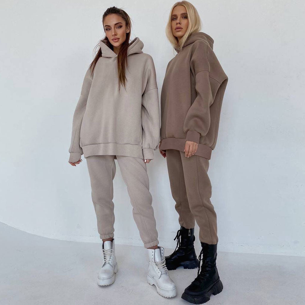 Beige Drop Shoulder Long Sleeve Hoodie Jogger Matching Set