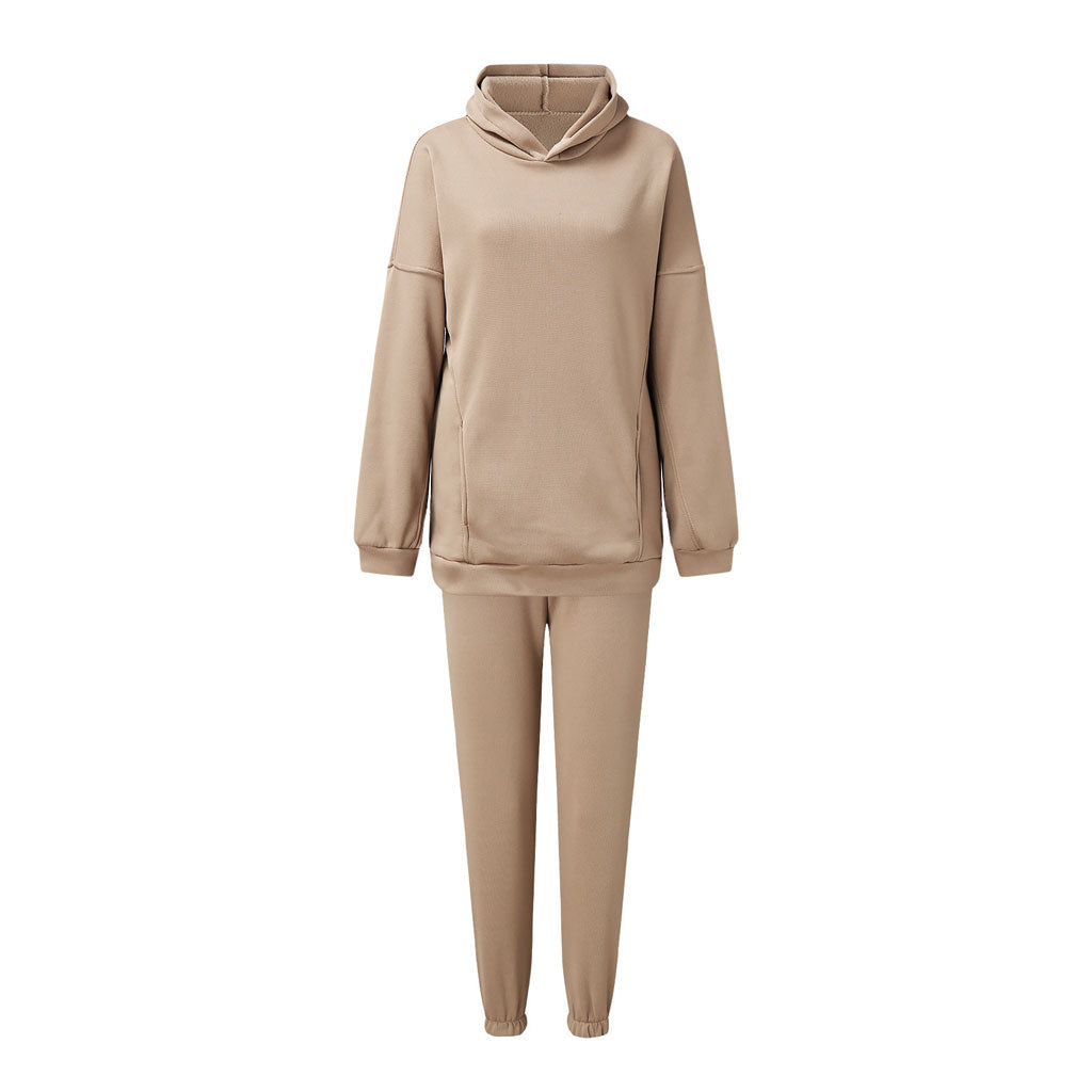 Beige Drop Shoulder Long Sleeve Hoodie Jogger Matching Set