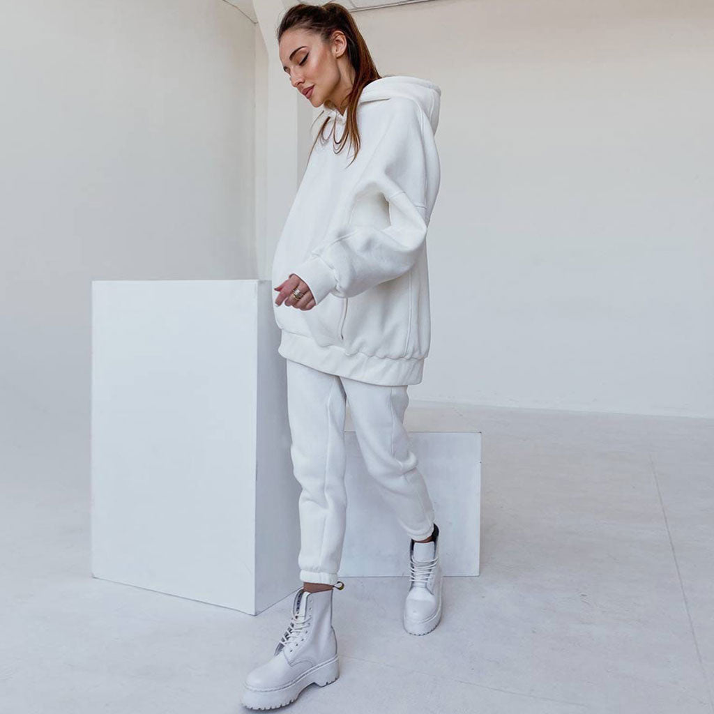 White Drop Shoulder Long Sleeve Hoodie Jogger Matching Set