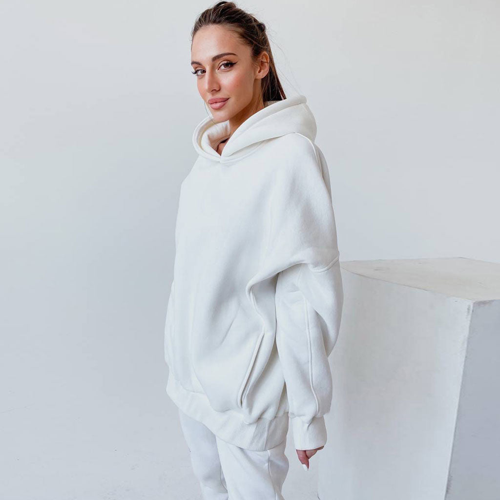 White Drop Shoulder Long Sleeve Hoodie Jogger Matching Set