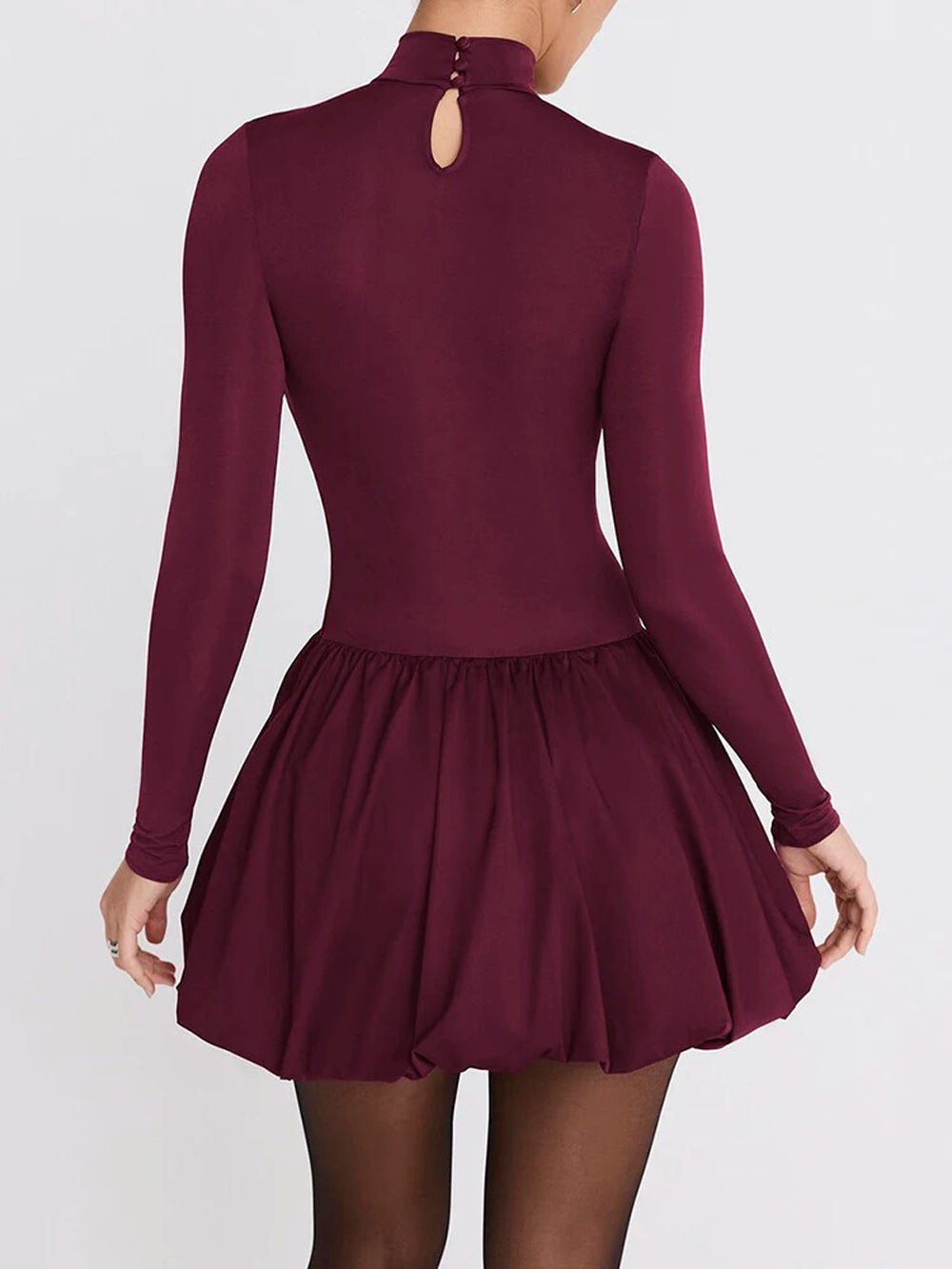 Burgundy Mock Neck Long Sleeve Bubble Hem Fit and Flare Mini Dress 2