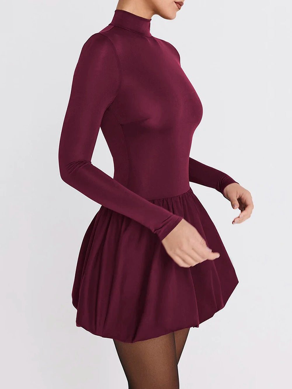 Burgundy Mock Neck Long Sleeve Bubble Hem Fit and Flare Mini Dress 4