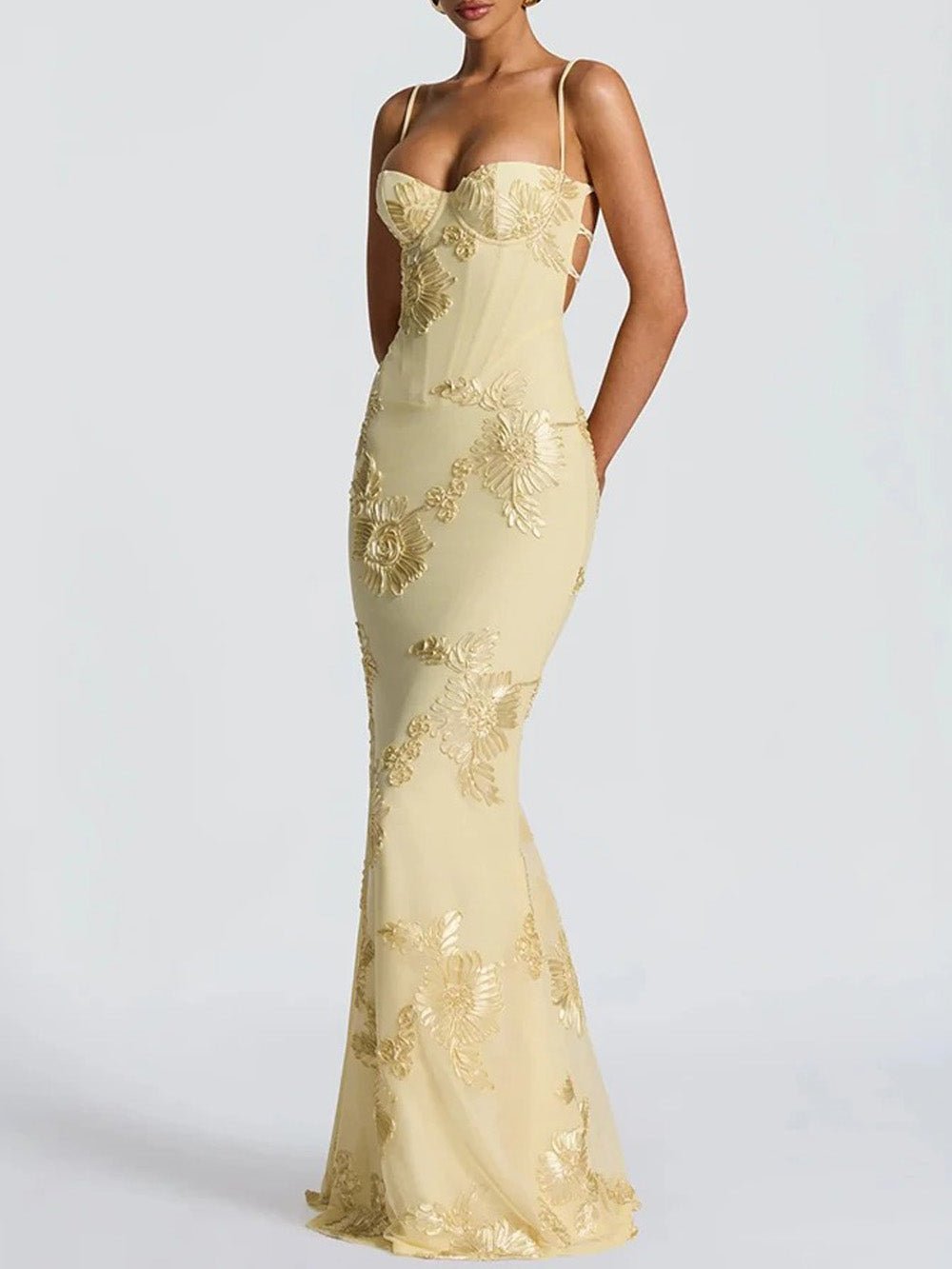 Yellow Floral Applique Sweetheart Corset Spaghetti Strap Bodycon Maxi Gown 4