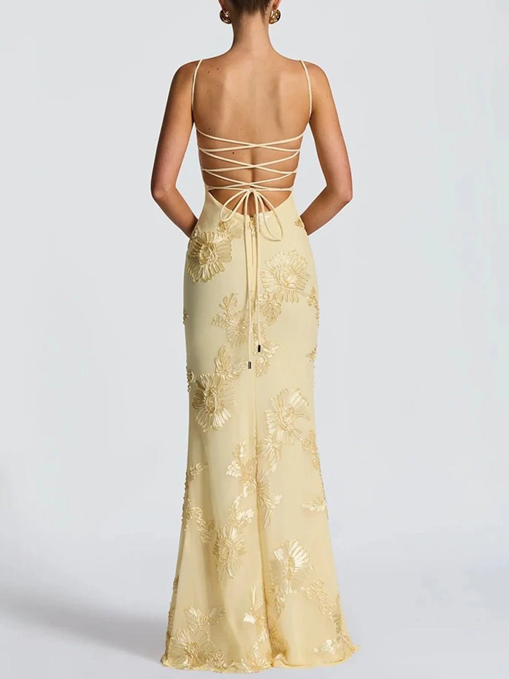 Yellow Floral Applique Sweetheart Corset Spaghetti Strap Bodycon Maxi Gown 2