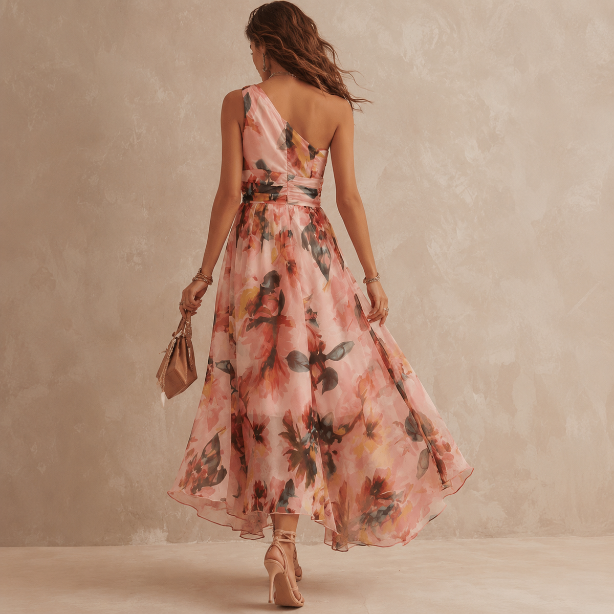 One-Shoulder Floral Ruched Waist Sleeveless Flowy Maxi Dress 4