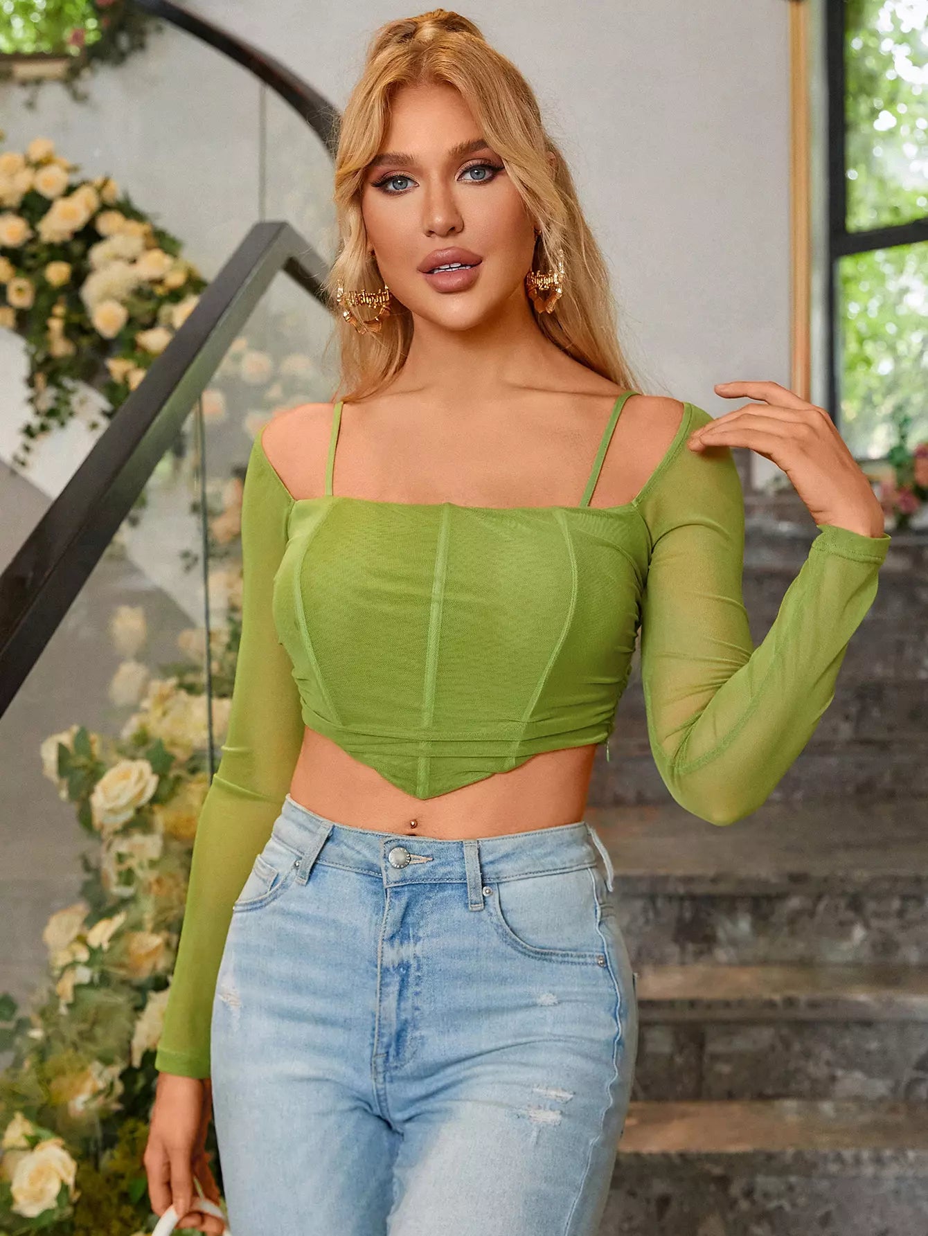 Long Sleeve Mesh Crop Top