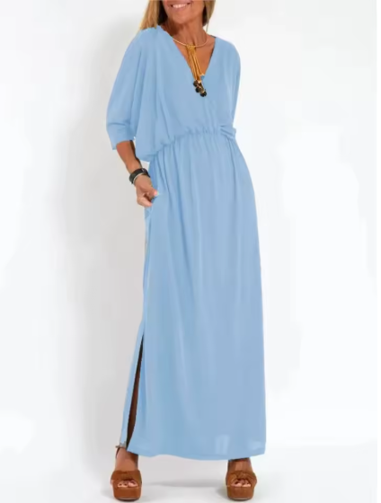 Surplice V-Neck Dolman Sleeve Elastic Waist Flowy Maxi Dress 7
