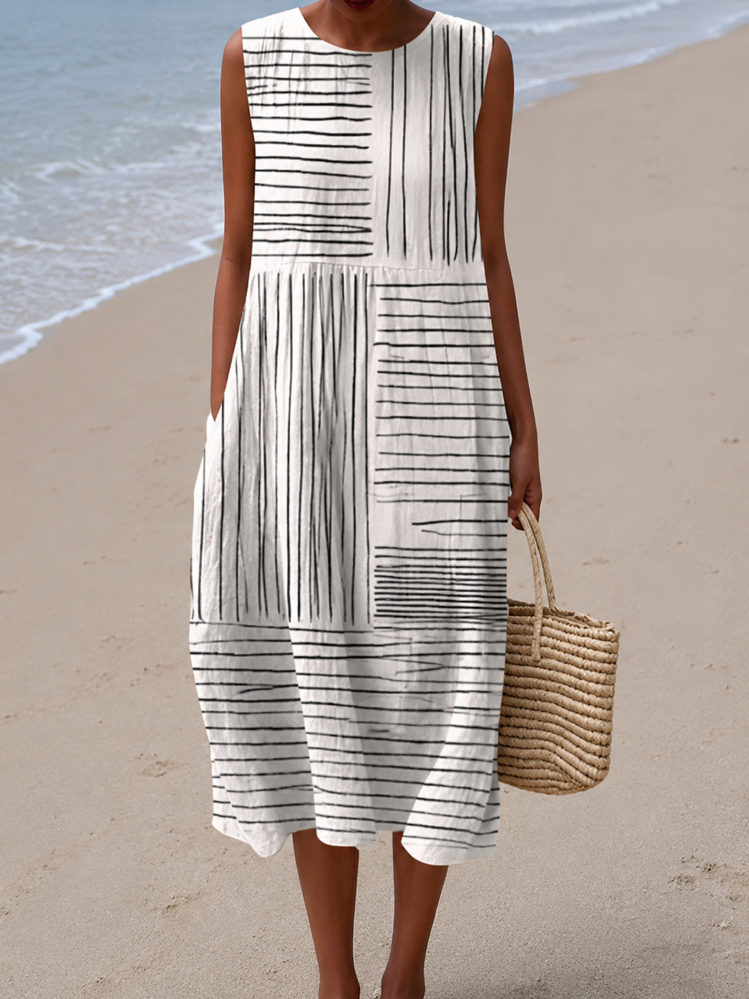 Round Neck Sleeveless Abstract Striped Print Loose Midi Dress