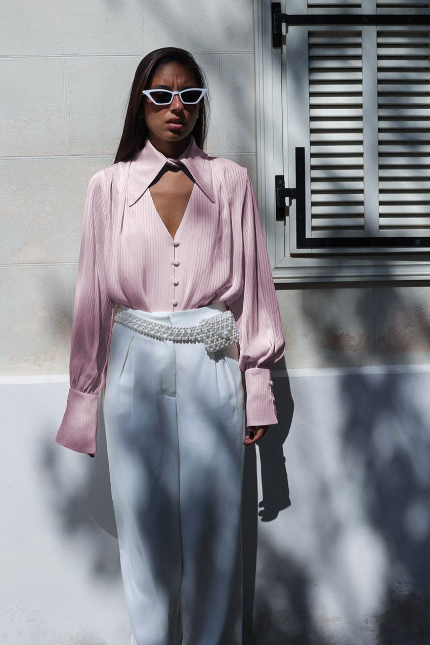 Collared Long-Sleeve Loose Elegant Blouse
