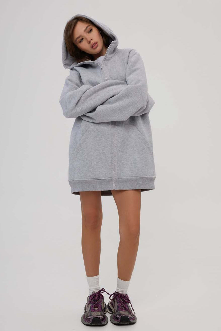 Solid Color Oversize Long - Sleeve Zip - Up Hoodie
