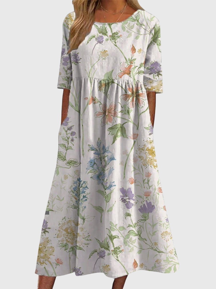 Round Neck Floral Print Short Sleeve Empire Waist A-Line Midi Dress