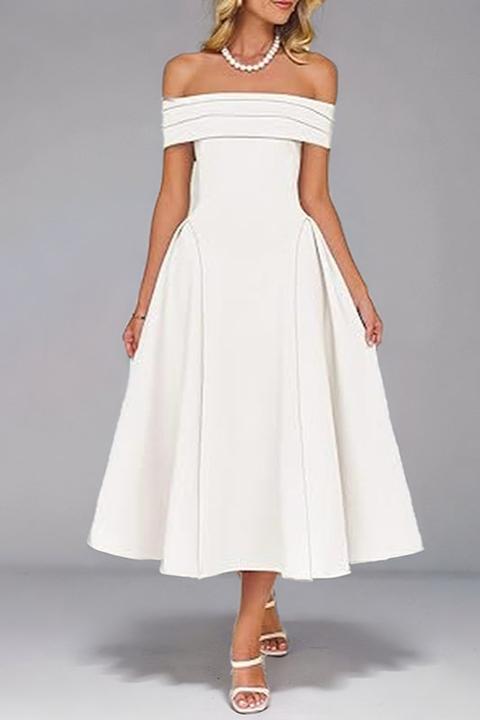 OffShoulder WaistCinched Solid Party Dress