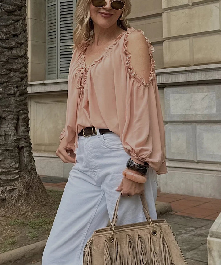 Women Summer Versatile Vneck Laceup Chiffon Blouse