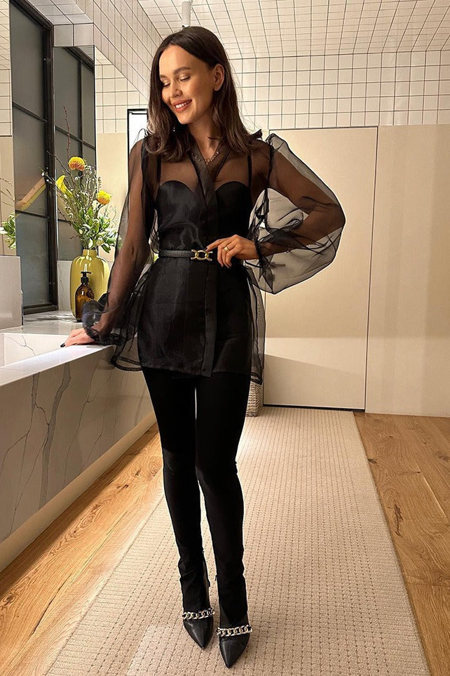 Sheer Mesh Puff-Sleeve Tie-Front Blouse