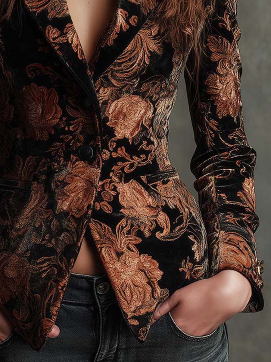 Black Peak Lapel Baroque Floral Velvet Puff Shoulder Blazer 4