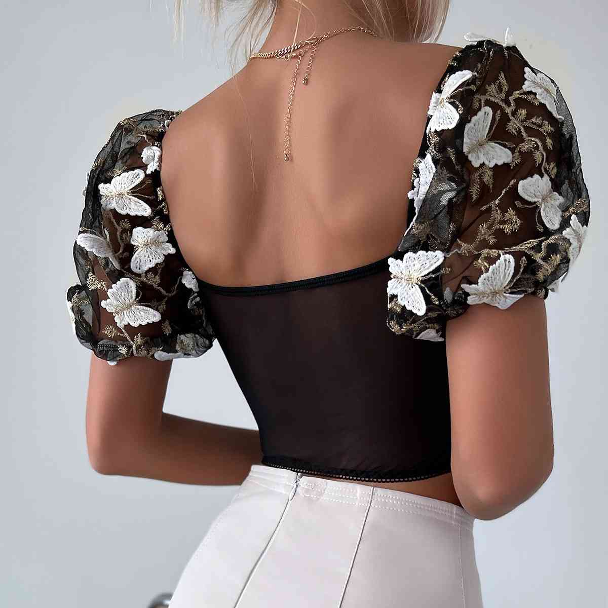 Butterfly Whispers Embroidery Charming Mesh Corset Top
