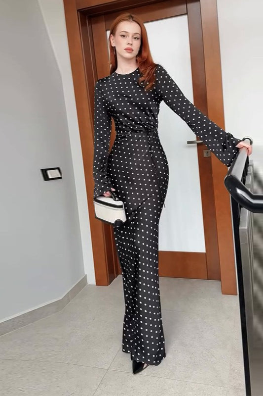 Black Polka Dot Long Sleeve Waist Tie Maxi Dress