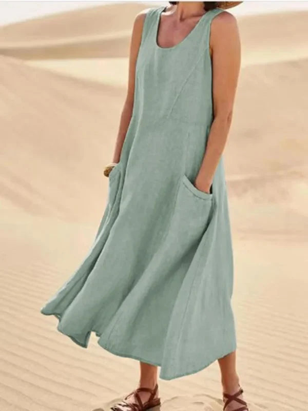 Round Neck Sleeveless Linen Pocket A-Line Midi Dress 7