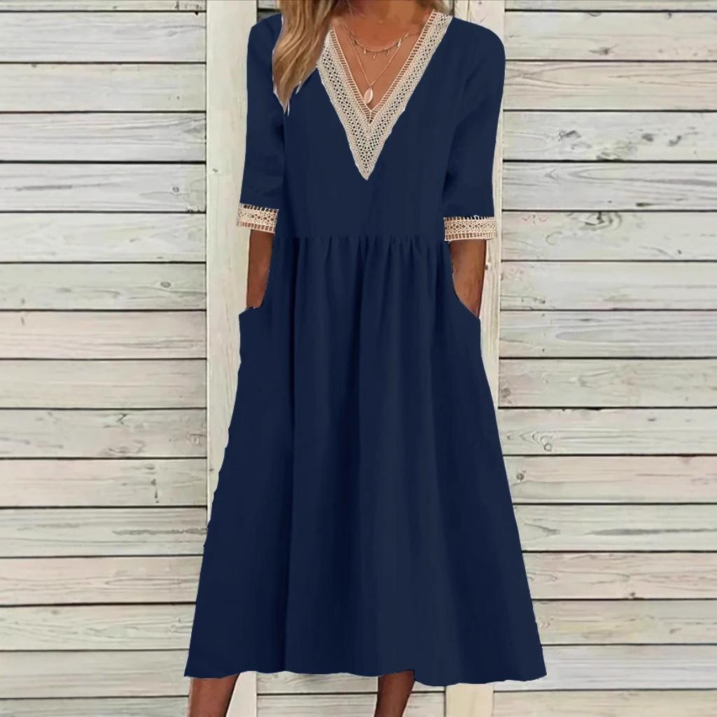 Lace Trim V-Neck Half Sleeve Pocket A-Line Midi Dress
