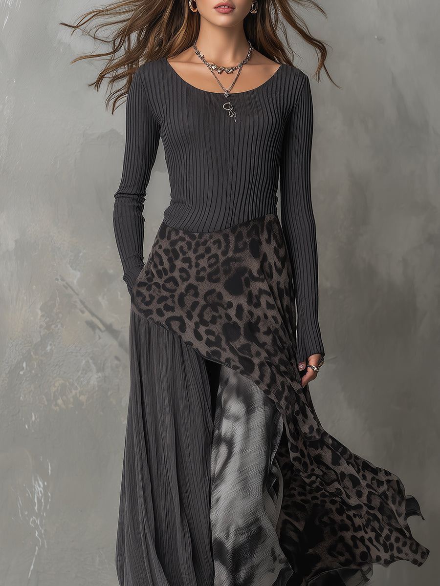 Gray Scoop Neck Ribbed Knit Long Sleeve Leopard Patchwork Maxi Dress 3