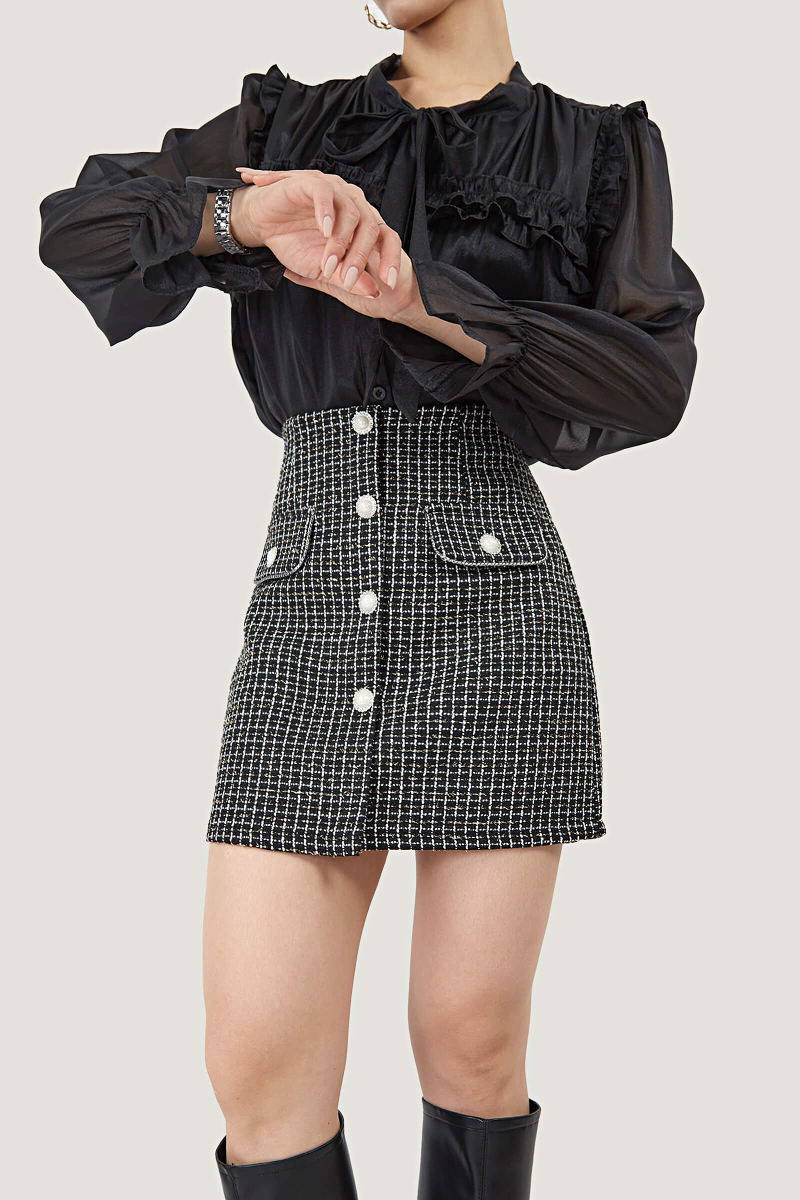Tie-Neck Ruffle Pleated Blouse