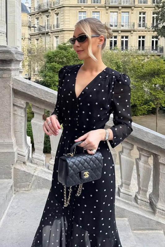 Black Polka Dot Print V-Neck Long Sleeve Maxi Dress