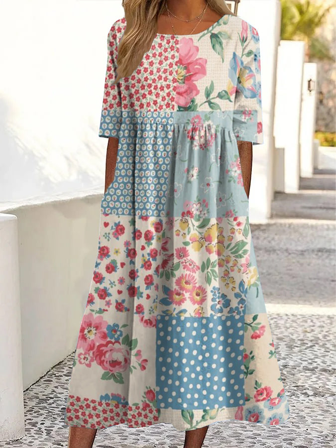 Multicolor Round Neck Half Sleeve Floral Patchwork A-Line Maxi Dress