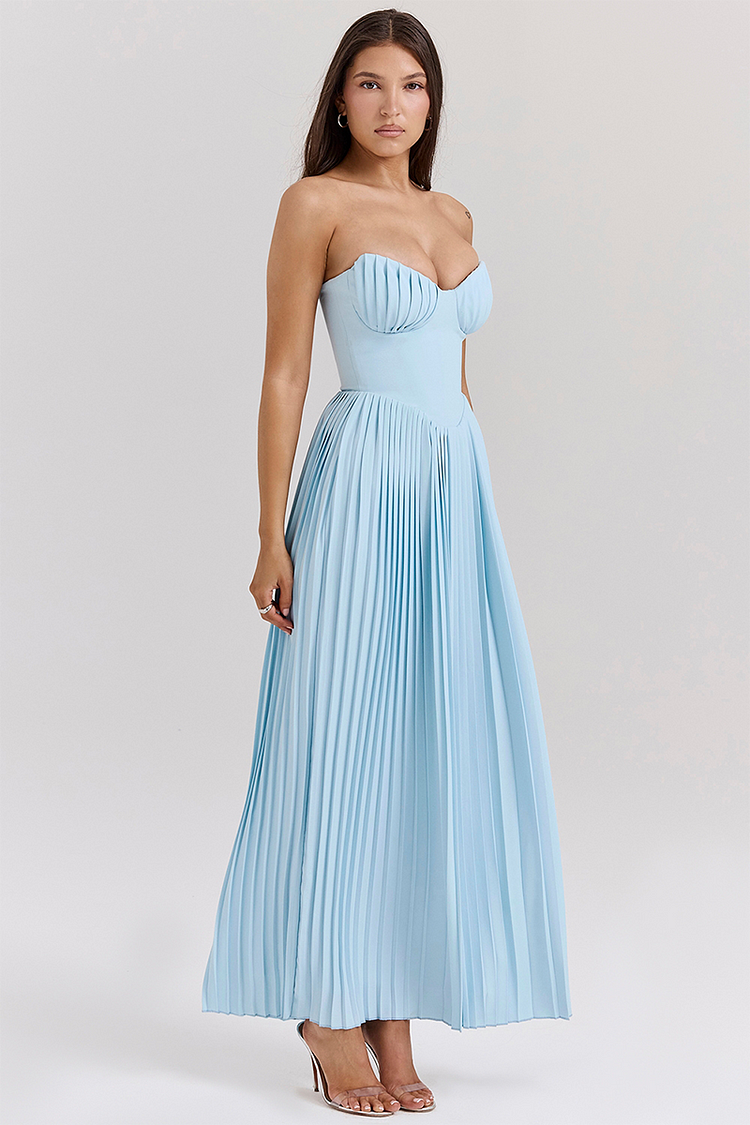 Strapless Sweetheart Corset Basque Waist Accordion Pleated Maxi Dress 2