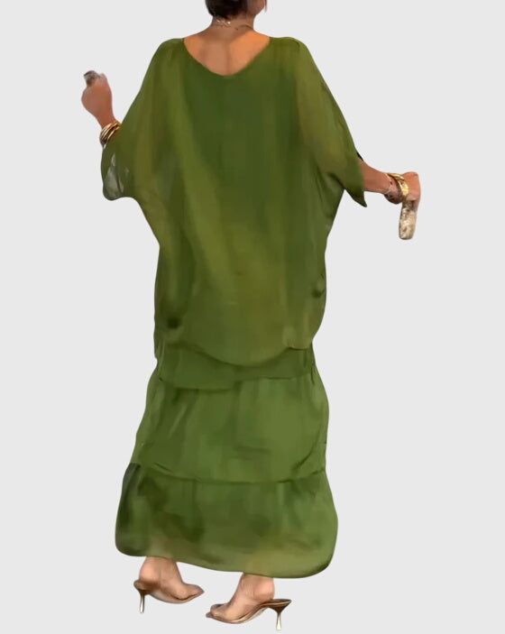Round Neck Chiffon Batwing Sleeve Layered Tiered Flowy Maxi Dress