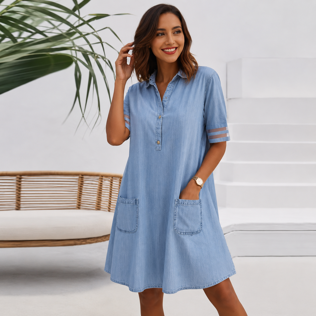 Blue Collared Denim Button Front Mesh Stripe Sleeve Shift Midi Dress 2