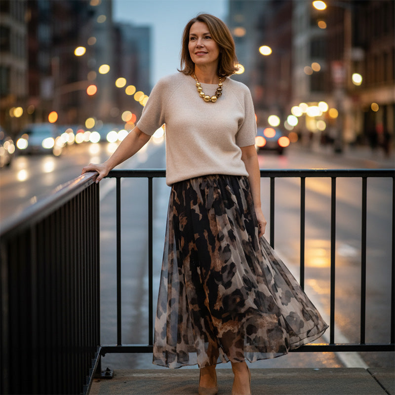 Crew Neck Short Sleeve Sweater And Leopard Flowy Maxi Skirt Set 5