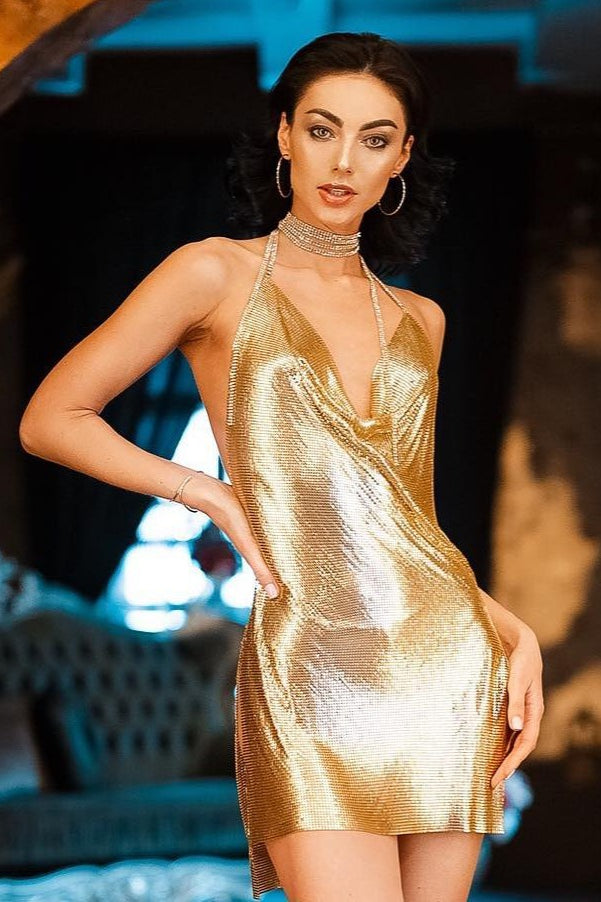 Gold Rhinestone Halter Slip Mini Dress